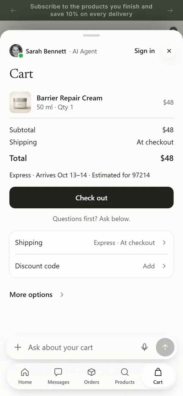 Haven Cart tab: subtotal, total and Check out, with Questions first? Ask below.