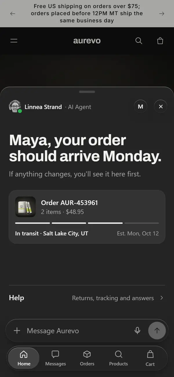 Haven Home on a phone in Aurevo, dark theme: Maya, your order should arrive Monday.