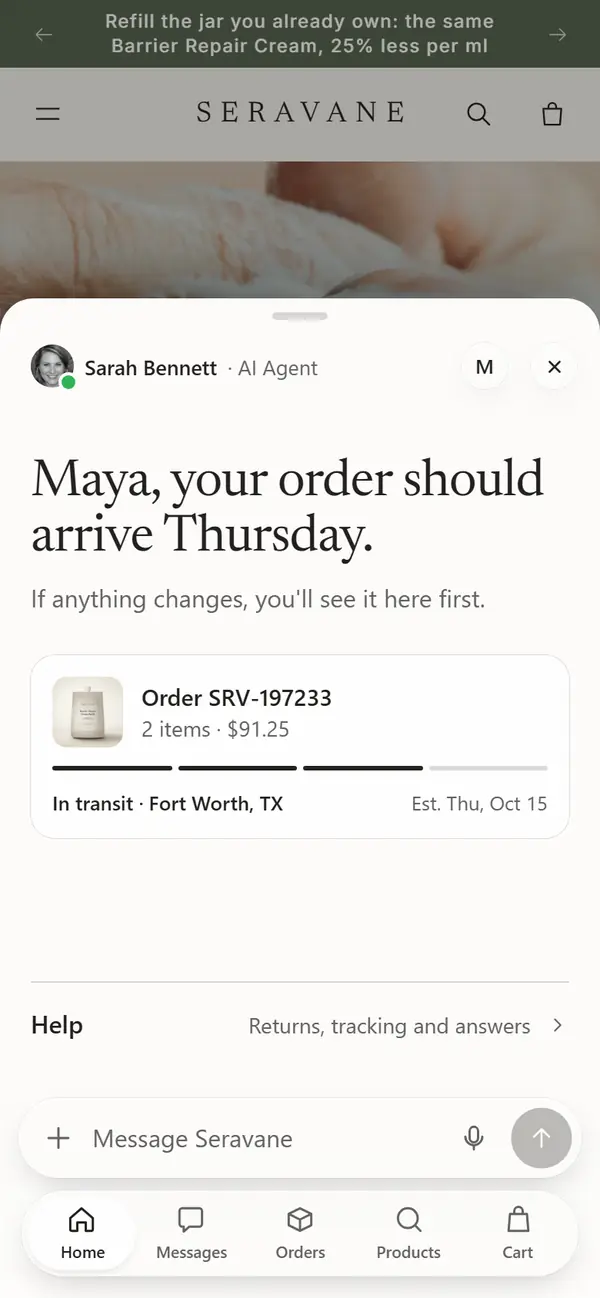 Haven Home tab: the order on its way, with help one tap below.