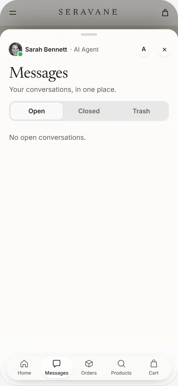 Haven Messages tab: open, closed and trash conversations.