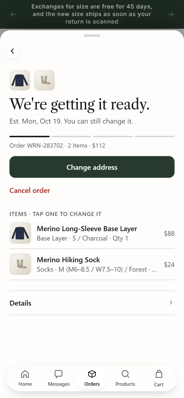 Haven Orders tab: a Wrenfield order in preparation, with Change address and Cancel order.