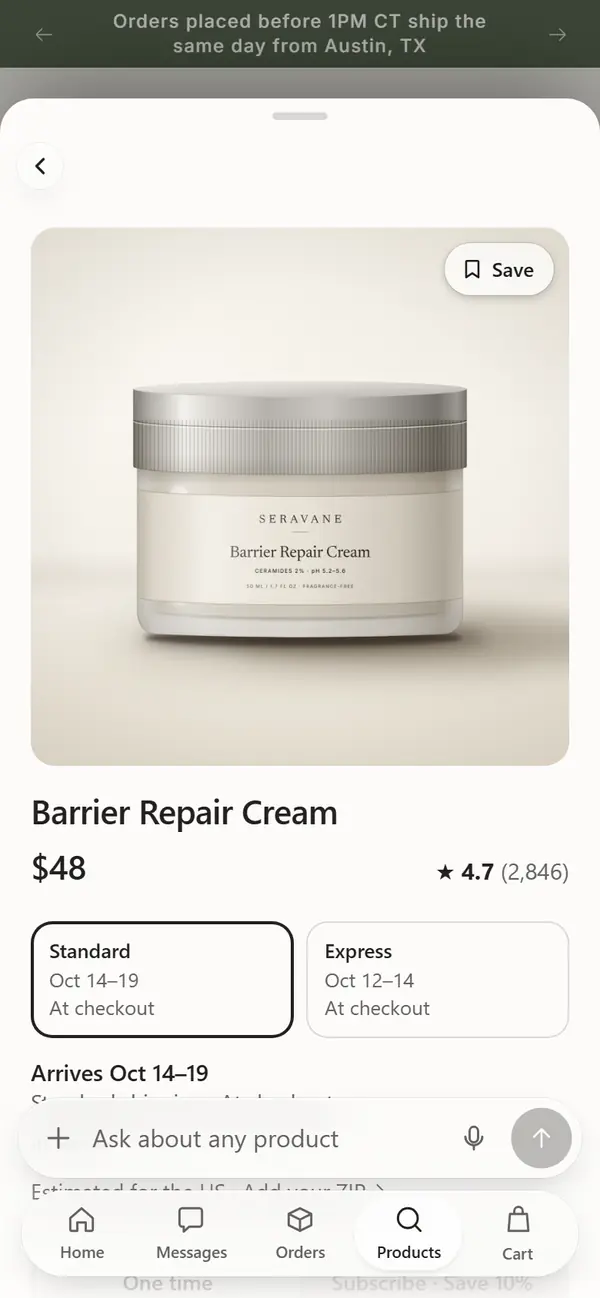 Haven Products tab: Barrier Repair Cream with delivery options and rating.